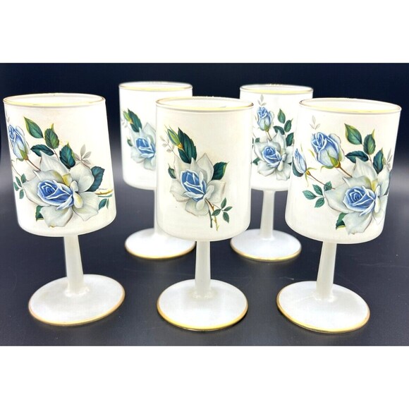 Norleans Frosted Wine Glass White Satin Art Italy Blue Flowers 24K Gold Trim Set - Picture 1 of 13